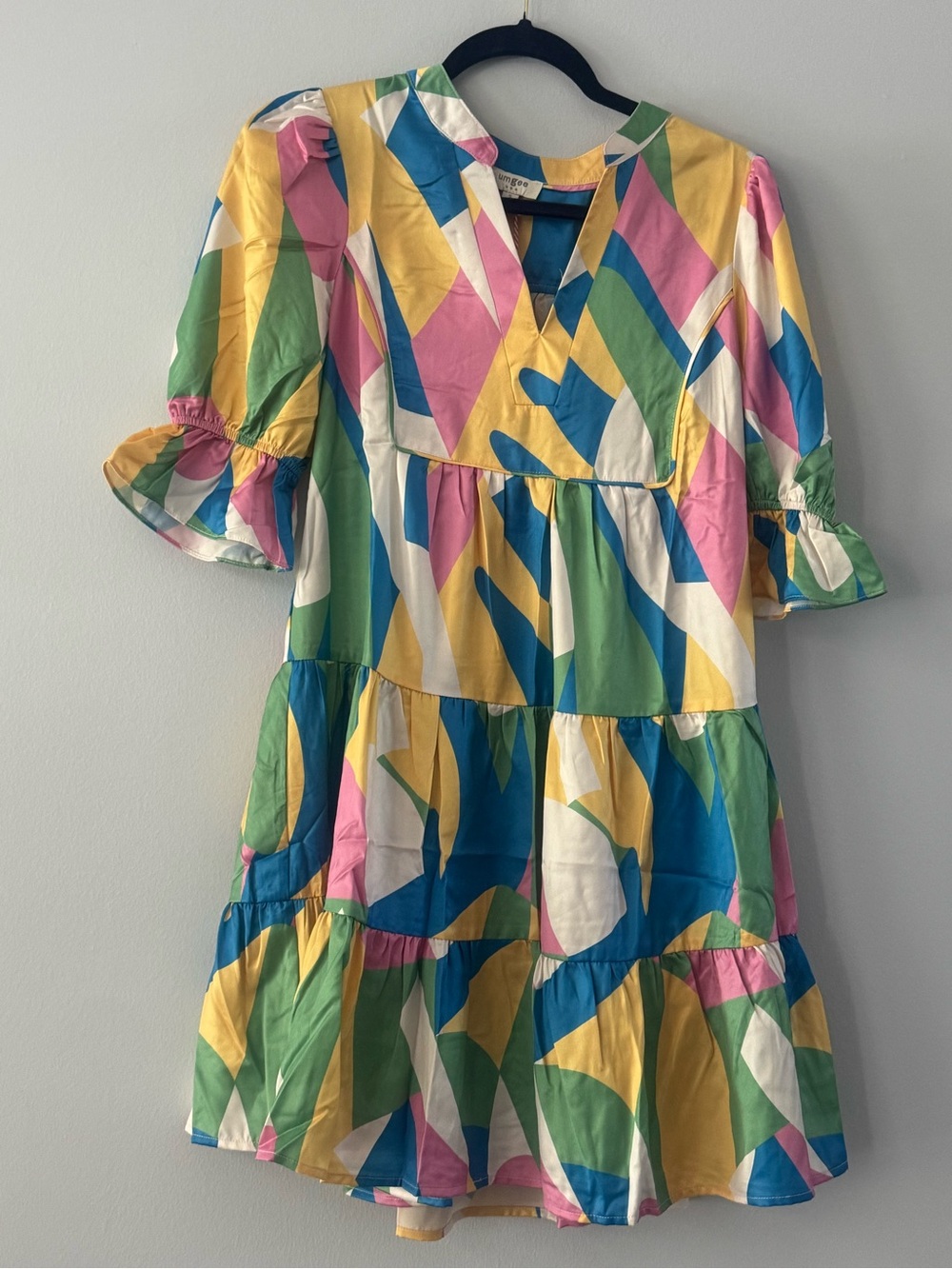 Umgee Multicolor Geometric Tiered Mini Dress - Yellow, Green, Blue, Pink, White